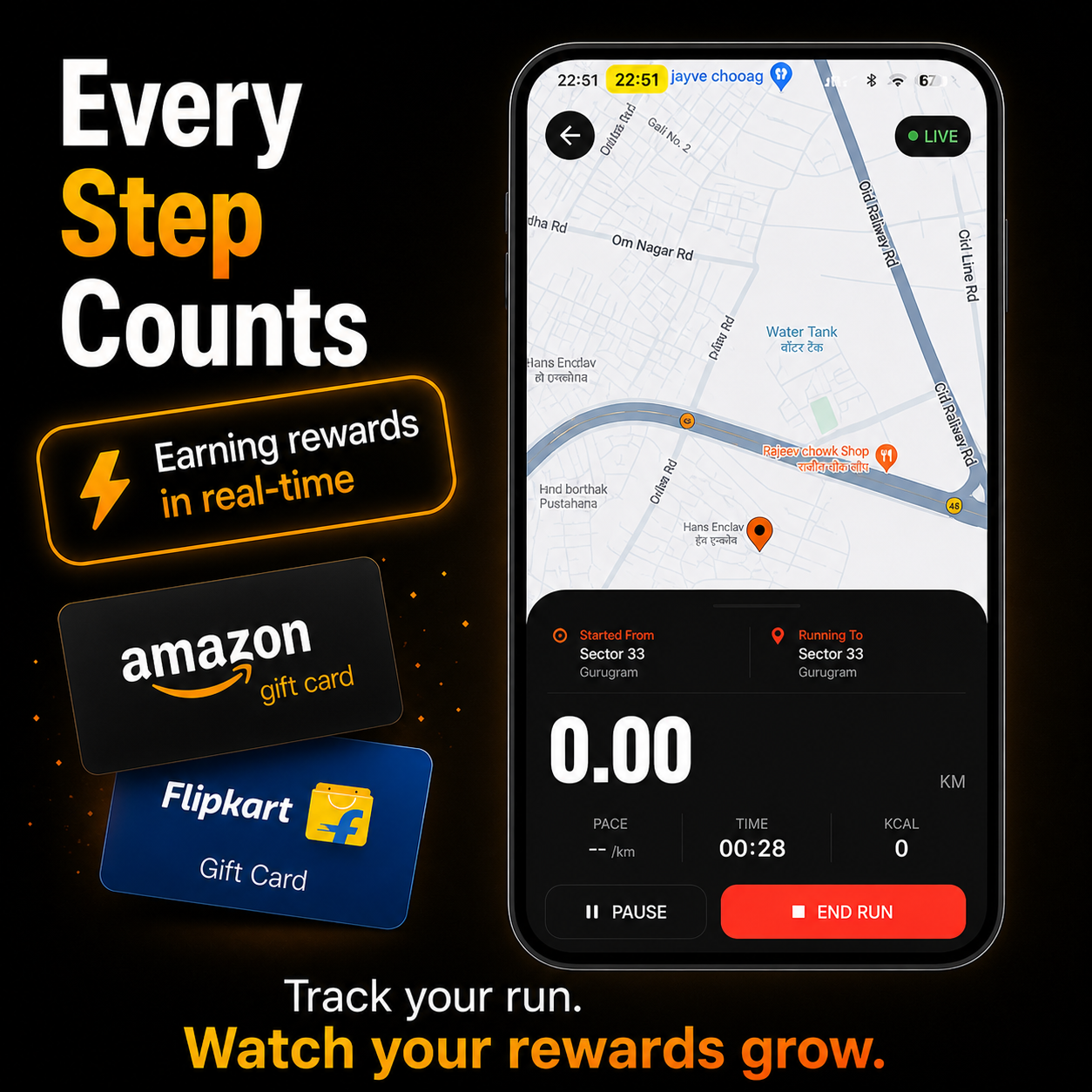 Every step counts — live run tracking with Amazon and Flipkart rewards